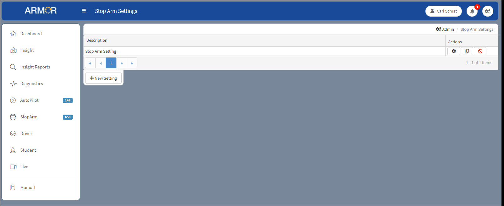 Stop Arm Settings Initial Window