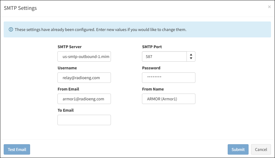 SMTP Settings Dialog Box